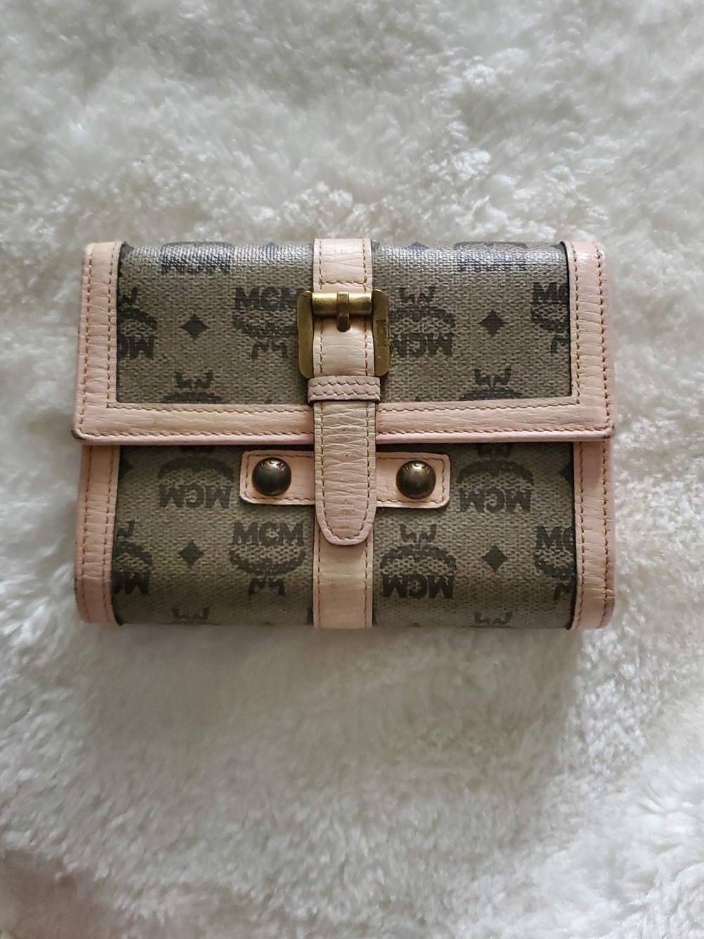 MCM Pink Trim Logo Canvas Fold Wallet